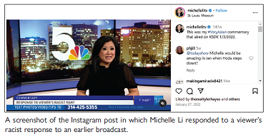 A screenshot of the Instagram post in which Michelle Li responded to a viewer's racist response to an earlier broadcast.