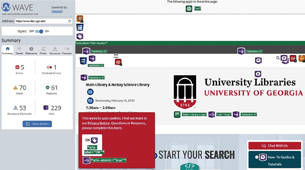 The results of the WAVE accessibility tool on the University of Georgia&rsquo;s libraries homepage