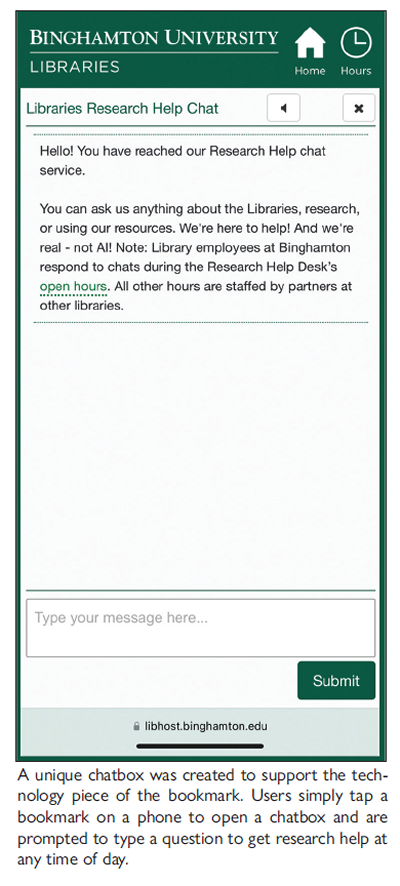 Screenshot of the chatbox that opens when the bookmark is tapped on a phone. The screen provides a prompt for the question as well as additional buttons at the top to navigate to the libraries&rsquo; hours and website.