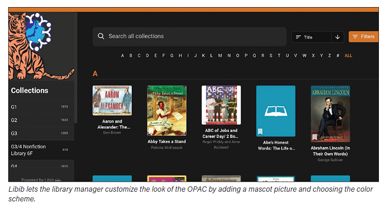 Libib lets the library manager customize the look of the OPAC by adding a mascot picture and choosing the color scheme.