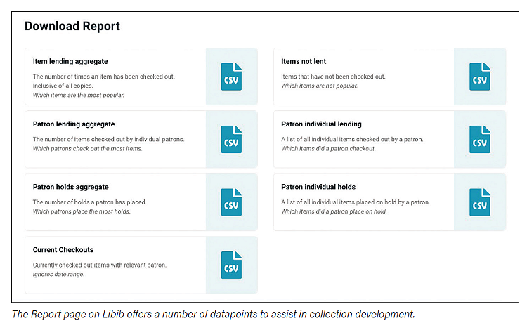 The Report page on Libib offers a number of datapoints to assist in collection development.