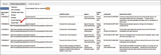 Copy and paste the table into a spreadsheet or select Export Data from the site map menu.