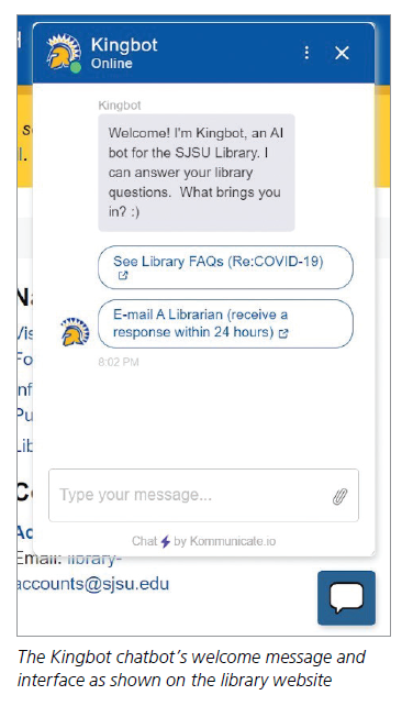 The Kingbot chatbots welcome message and interface as shown on the library website