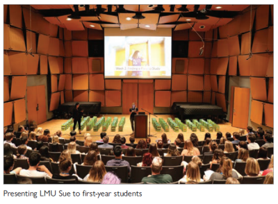 Presenting LMU Sue to first-year students.