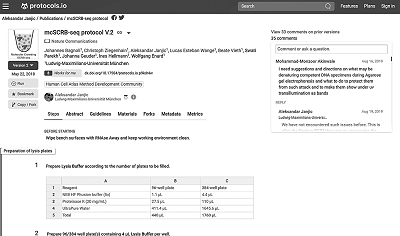 A research method on protocols.io allows researchers to find and view the method or previous versions of the published method (Click for full-size image)